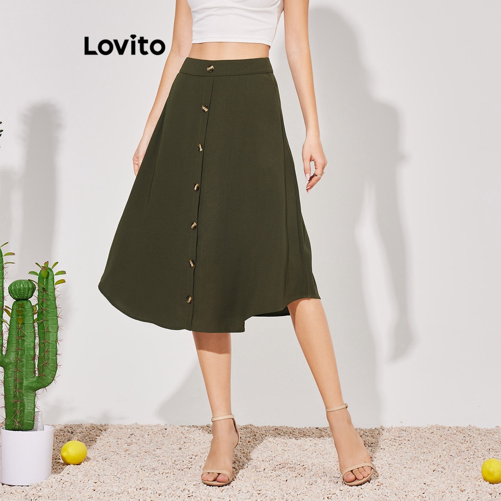 Lovito Casual Plain Button Front Skirts for Women LBE04081 (Army Green