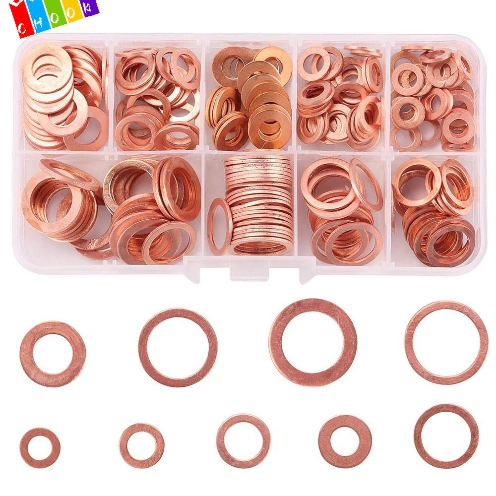 CHAAKIG 200Pcs Flat Washer, M5 M6 M8 M10 M12 M14 9 Sizes Copper Washers