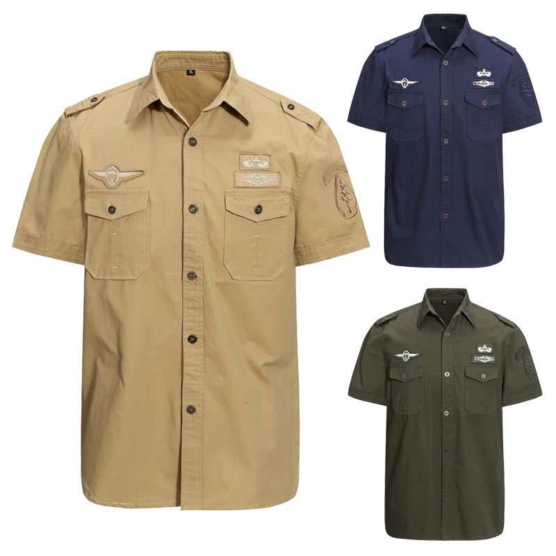 Mens Plus Size Solid Cotton Shirt Cargo Short Sleeve Work Shirt