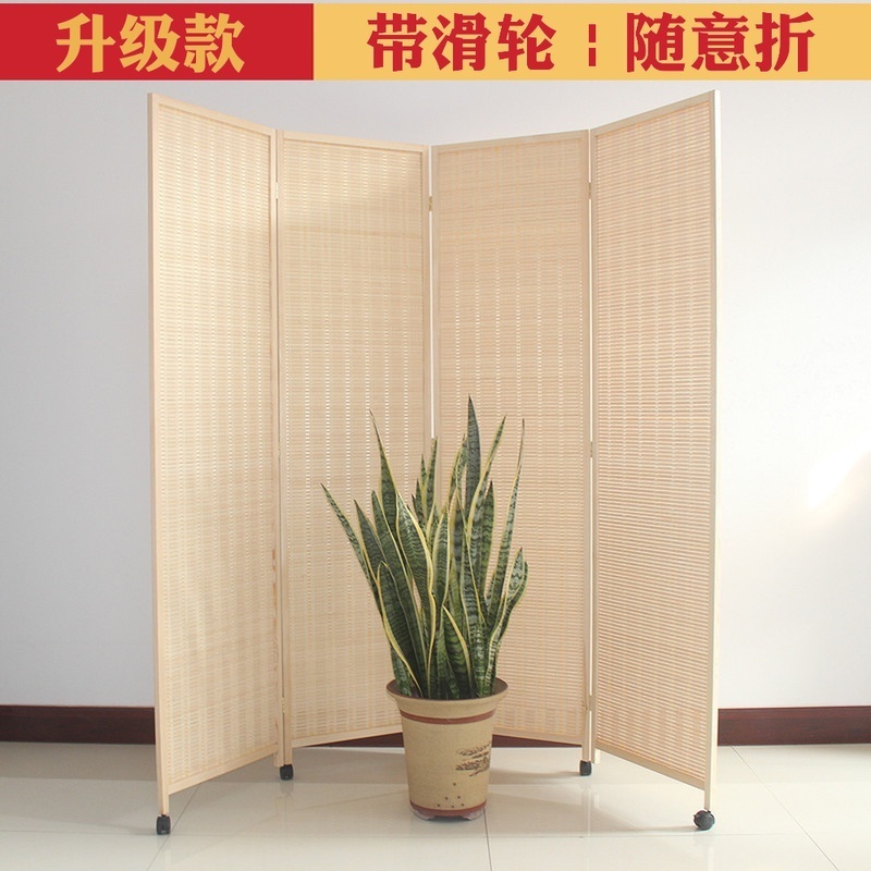 Movable Screen Partition with Wheels Folding Solid Wood Bamboo Weave ...