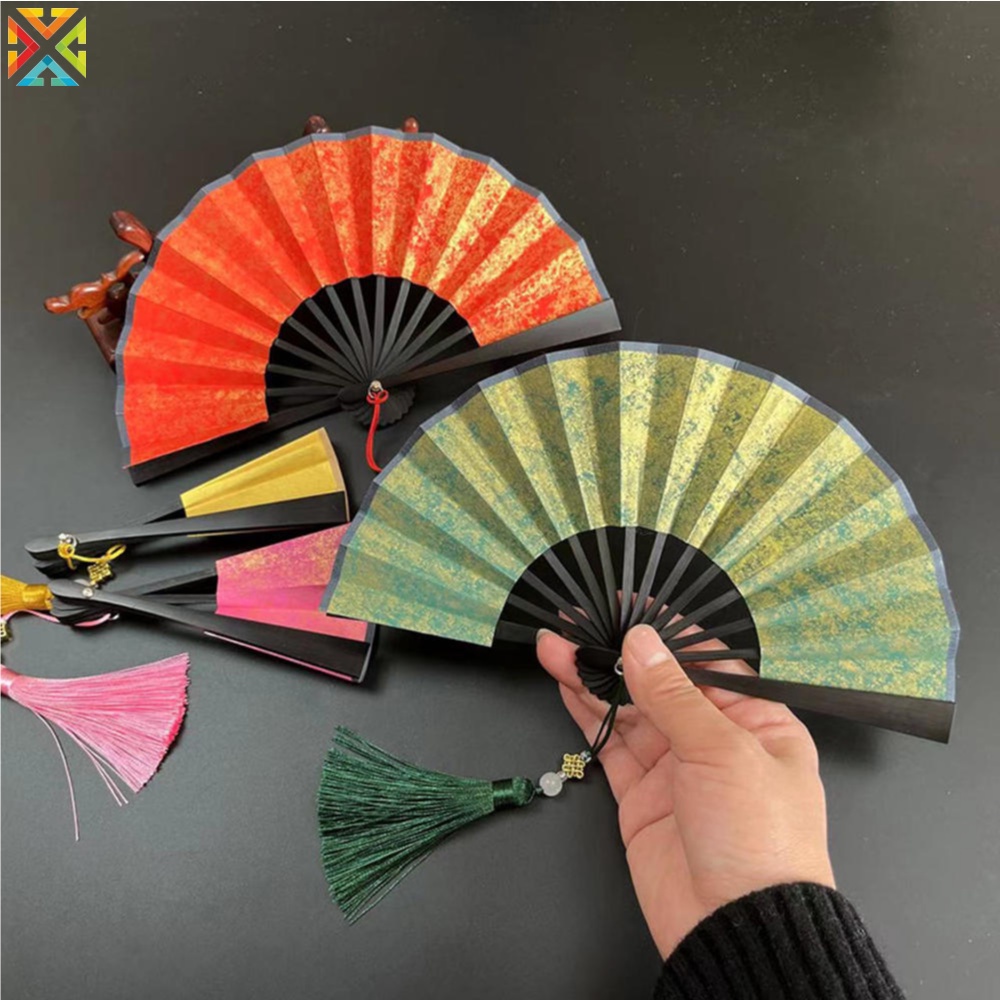4 Inch Mini Fan Colorful Dark Green Gold-plated Rice Paper Folding Fan ...