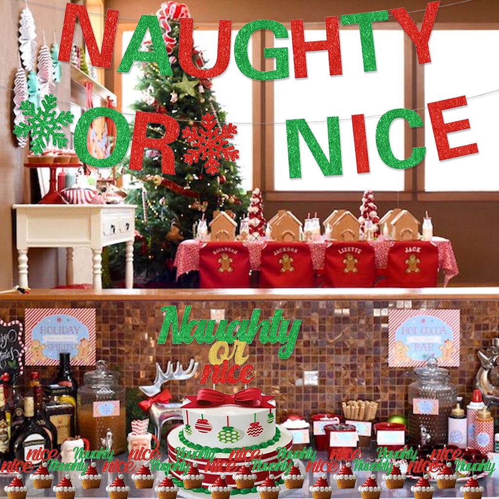 FANGLELAND Red Green Christmas Banner Cake Topper Set Christmas Party