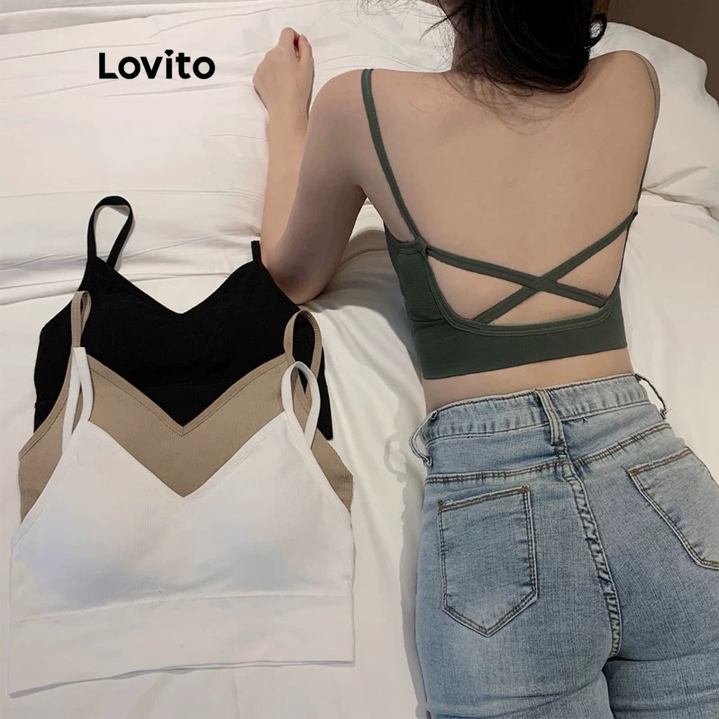 Lovito Casual Plain Rib-Knit Bras for Women L50AD047  (Khaki/White/Green/Black)