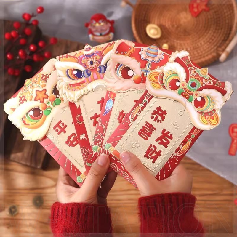 6 Pieces Pack  Gold Foil Dragon Cartoon Pattern Chinese Red Envelopes 