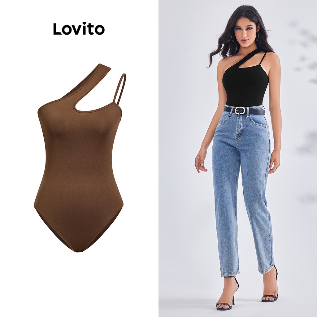 Lovito Casual Plain Cut Out Bodysuit for Women LBE03083 (Multi-color)