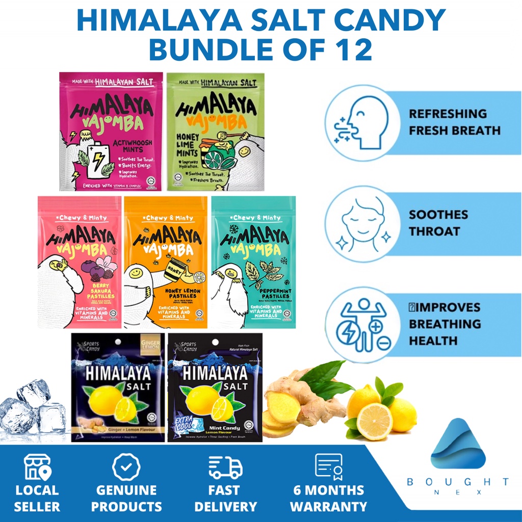 [Bundle of 12] Himalayan Salt Candy Cool Lemon Ginger, Vajomba, Actiwhoosh Mints, Altice Fresh