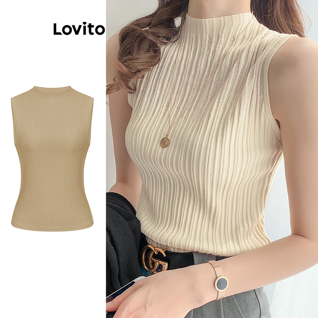 Lovito Elegant Plain Pintucks Tank Top for Women L71ED060 White Khaki