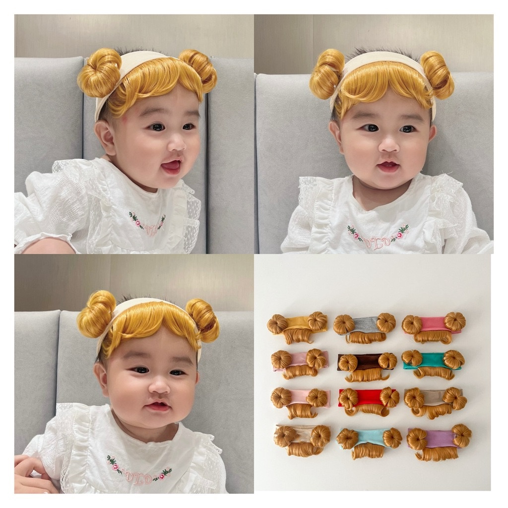 Baby Girl Gold Wig Bangs with Indian Hat Thin Cotton Bow Knot