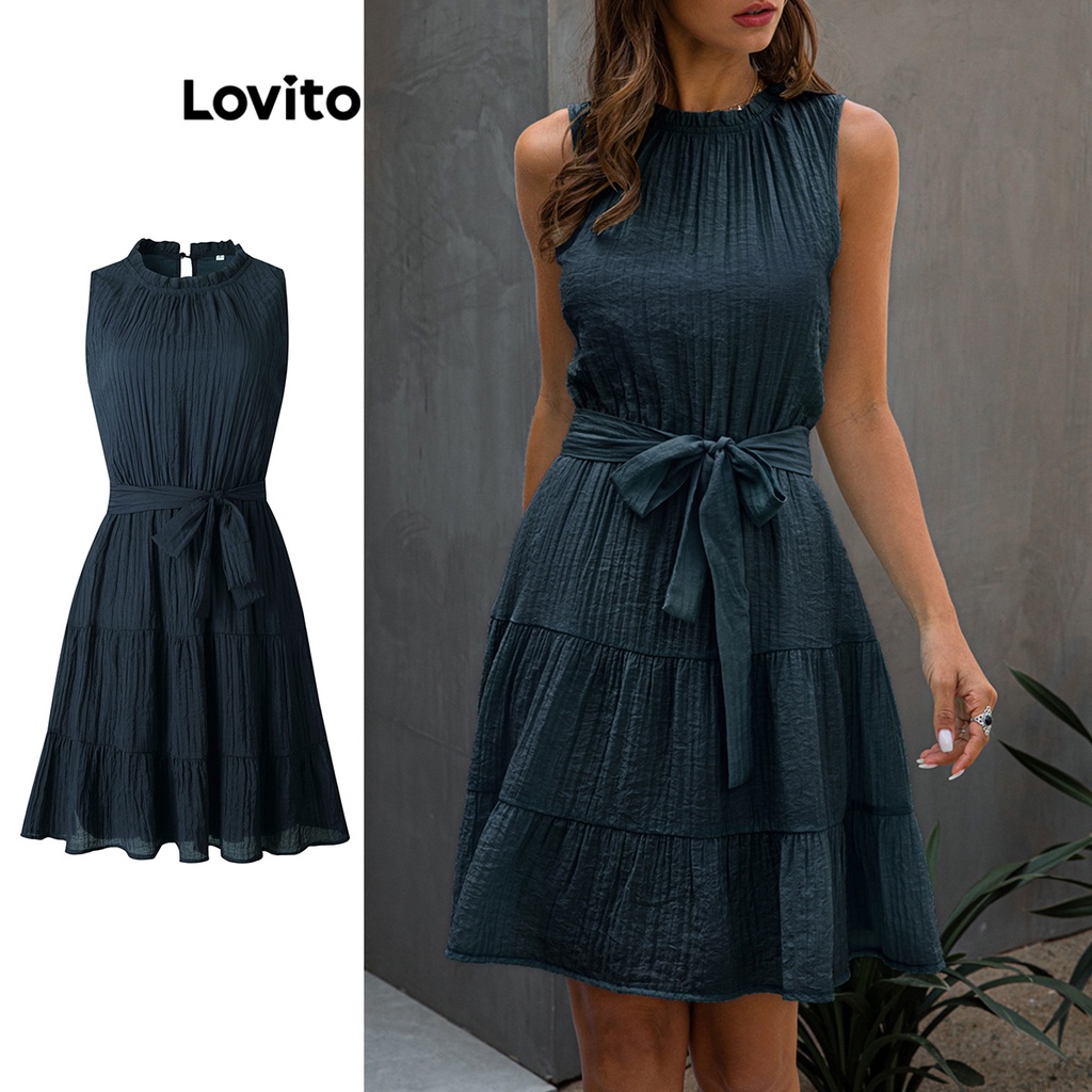 Lovito Elegant Plain Lace Up Plicated Dress For Women LNL36030 Royal