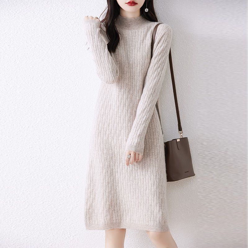 Ready Stock Hot Sale] Autumn Winter Long Knitted Dress Women Half  Turtleneck Sweater One-Piece Dress Large Size Long-Sleeved Swe