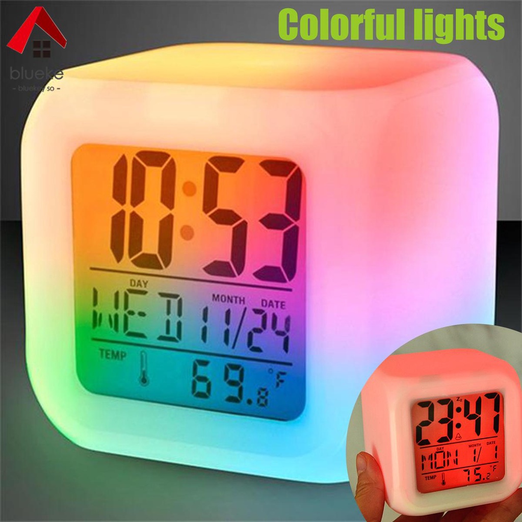 LED Digital Alarm Clock Mini Desk Cube Clock with Colorful Lights and ...