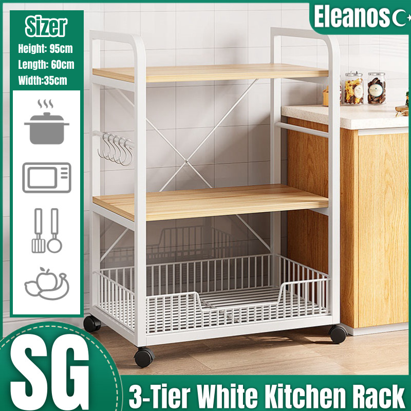 [SG local shipment] 3-Tier White Kitchen Rack with Wheels and 5 Hooks ...