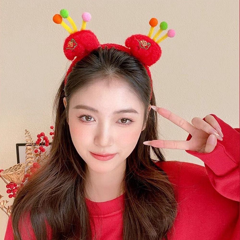 LUXEN 2024 Happy New Year Headband, Lion Dance Red Hairband Dragon
