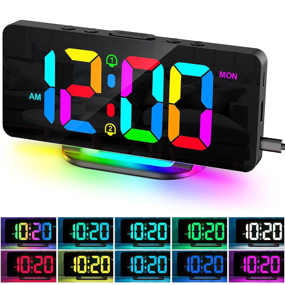 Digital Alarm Clock 10 Color RGB Nightlights Large LED Digital Clock