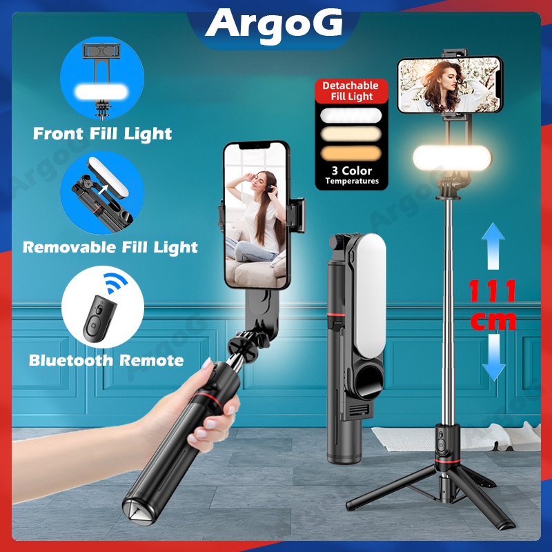 ArgoG Selfie Stick Tripod with Fill Light 111cm Extendable Phone Tripod