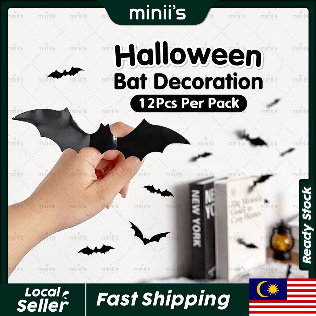 MINIIS PARTY 3D Bat Stickers 3D Black PVC Bat Halloween Decoration Set