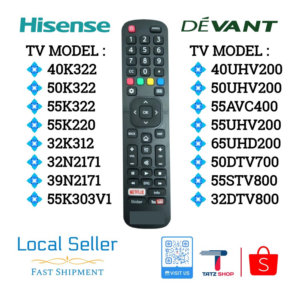 Hisense Devant Smart TV Remote Control RPEN2H Replacement 50DTV700