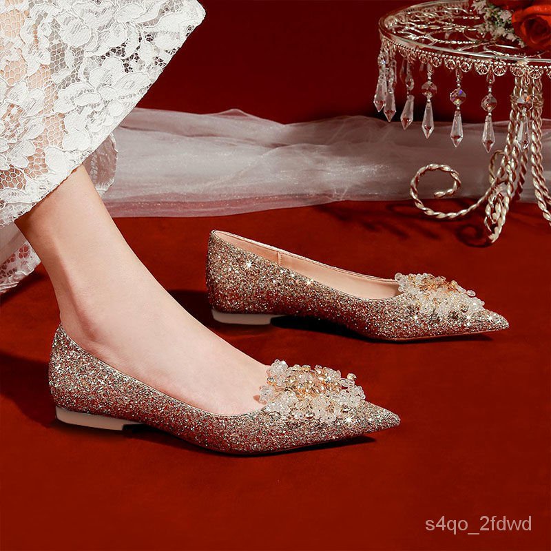 XY Crystal Flat Wedding Shoes Pregnant Women Can Wear Golden