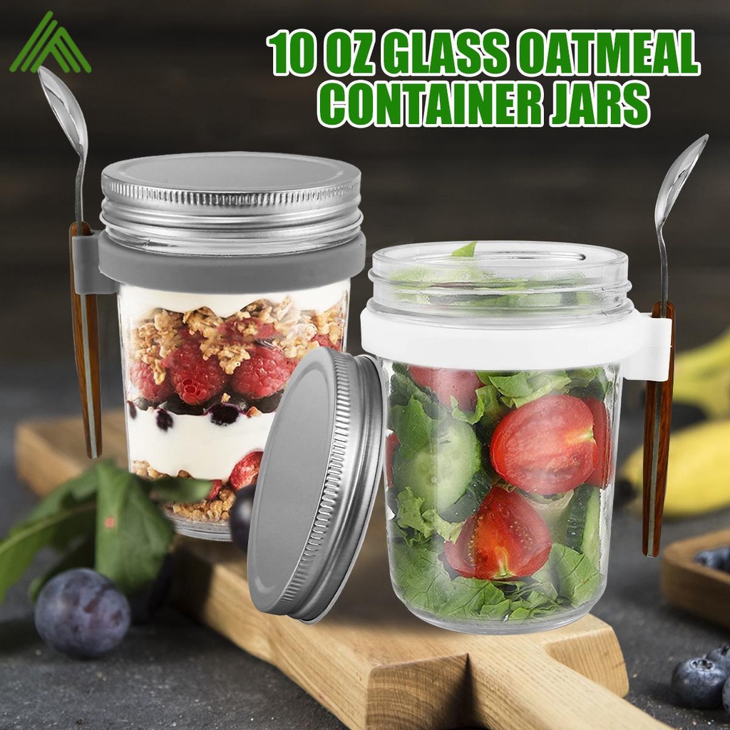 Overnight Oats Containers with Lids and Spoon, 10 oz Glass Oatmeal Container Jars, Glass Mason Jars with Airtight Lids for Cereal Yogurt