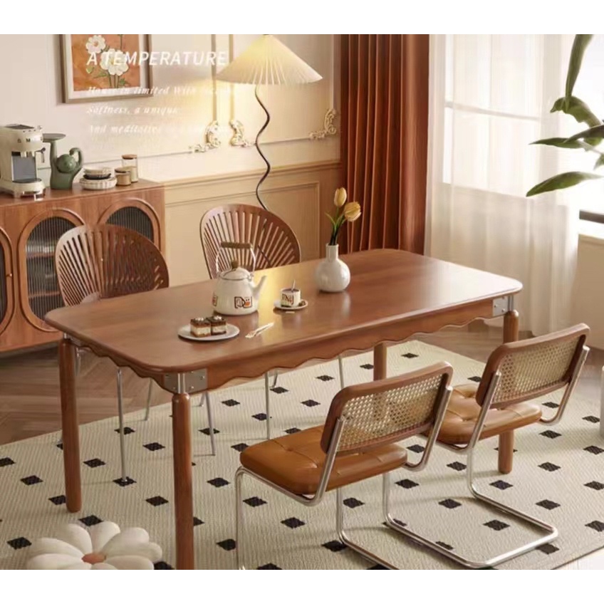 MLK French-Inspired Minimalist Retro Solid Wood Glass Dining Table Desk ...