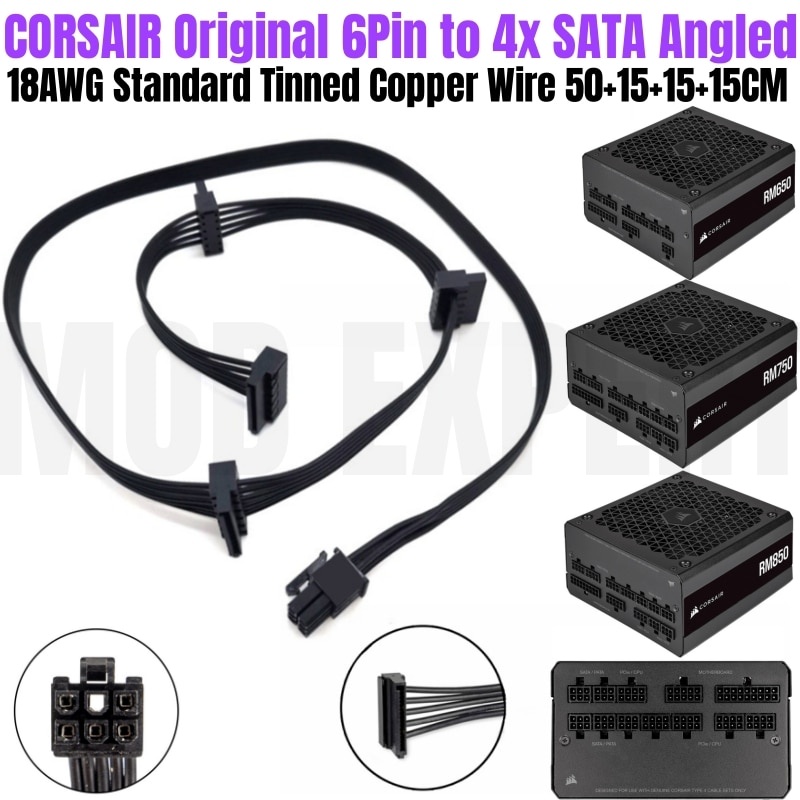 CORSAIR 6Pin to 4 SATA Angled HDD SSD Power Cable for RM450 RM550 RM650