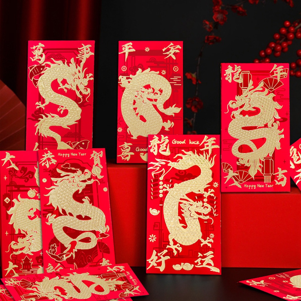 6pcs Chinese Long Red Envelopes Dragon Hongbao Lucky Money T