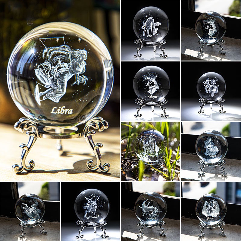 3D Laser Constellation Ball Crystal 60mm Paperweight Full Sphere Glass Fengshui With Sliver Plated Flowering Standscorpio