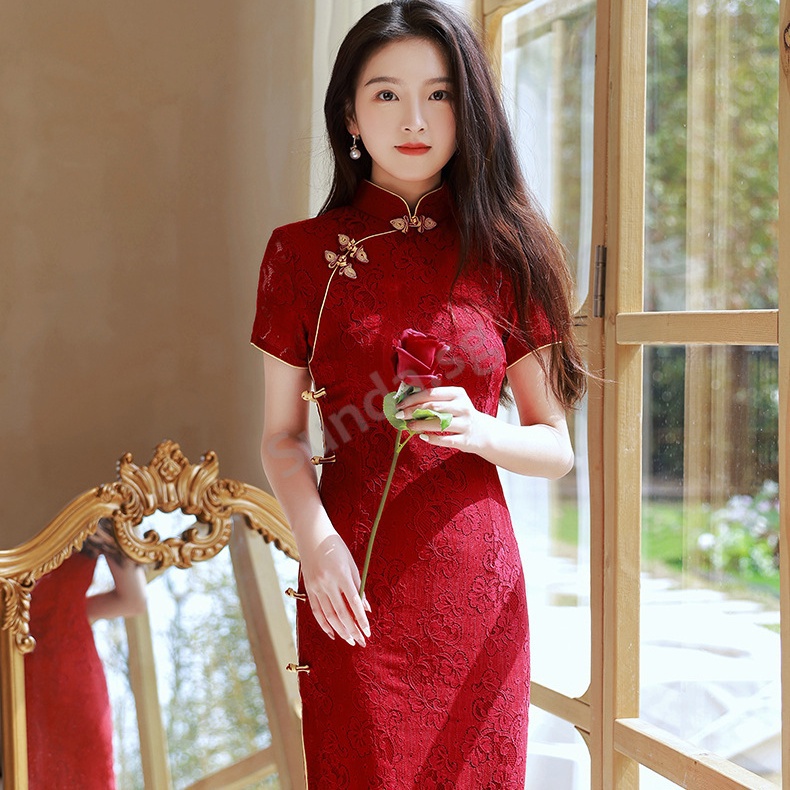 New Chinese Style Burgundy Cheongsam Dress - Chilan 赤阑