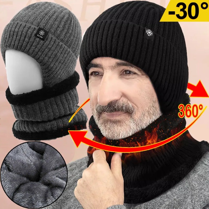 Beanies Neck Scarf Cap Set Solid Color Plush Knitted Elastic Caps ...