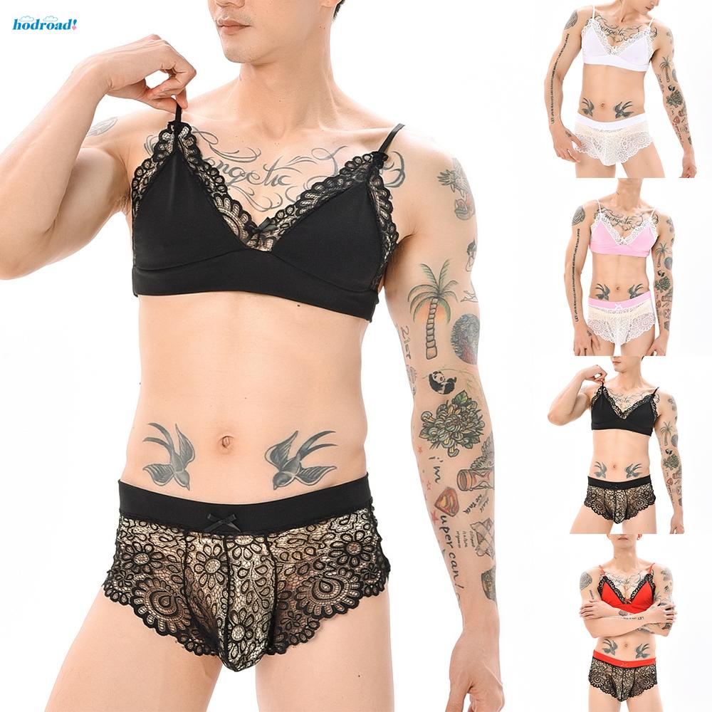 Men's Lingerie Set Lace Bra Top Skirted Panties Sissy Crossdress Underwear  
