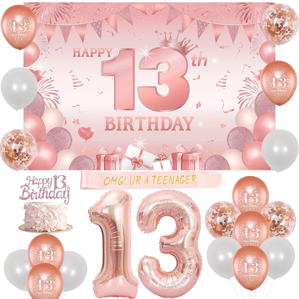 Fangleland 13th Birthday Decorations Girls Rose Gold Sash Happy 13th Birthday Backdrop Cake 5212