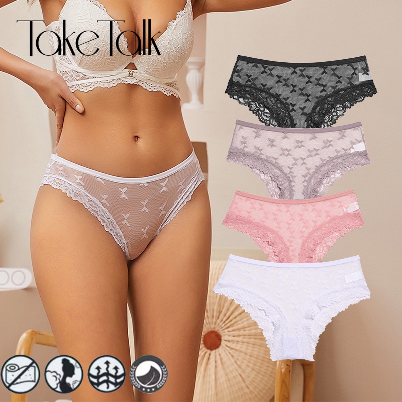 Take Talk 3PCS/SET Lace Panty for Women Cotton Floral Low Waist Female  Underpants Hollow Out Lace Briefs Transparent Panties