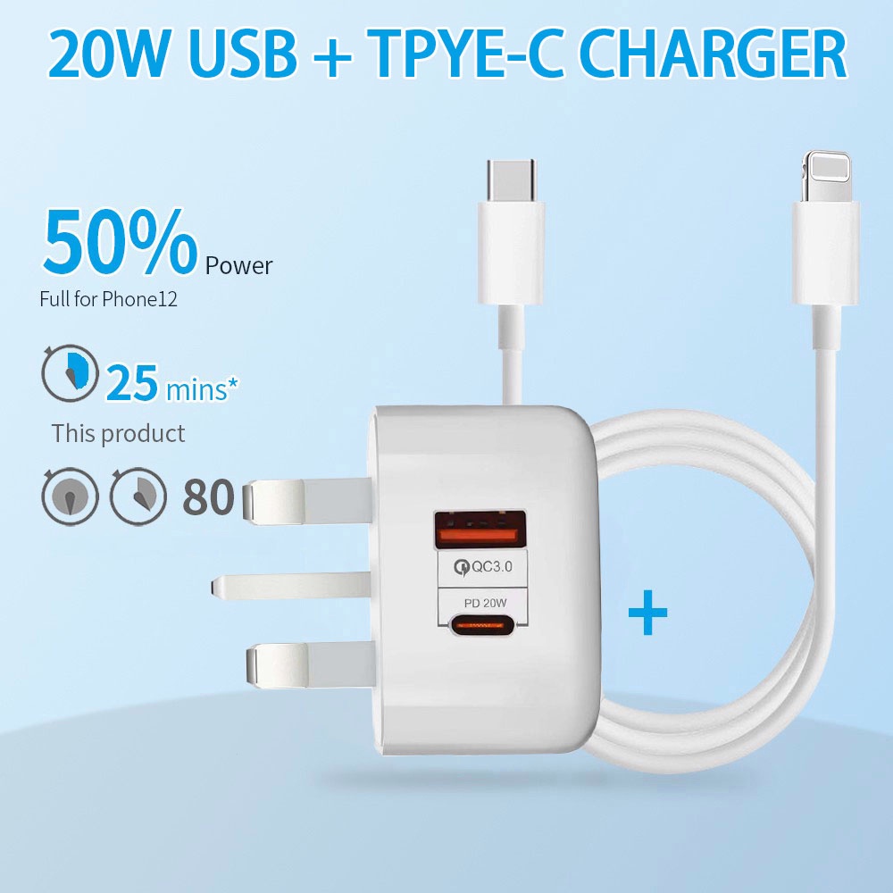 2 Ports PD 20W / QC 3.0 Fast Charger Type C 5V / 3A Smartphones Travel