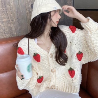 Korean Fashion Sweet Knitted Cardigan Women Chic Heart Button Jacquard  V-neck Sweater Coat Lady Cute Loose Long Sleeve Crop Top
