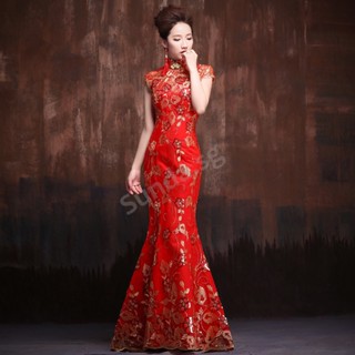 New Design China Bride Wedding Cheongsam Dress in Wine Red/white