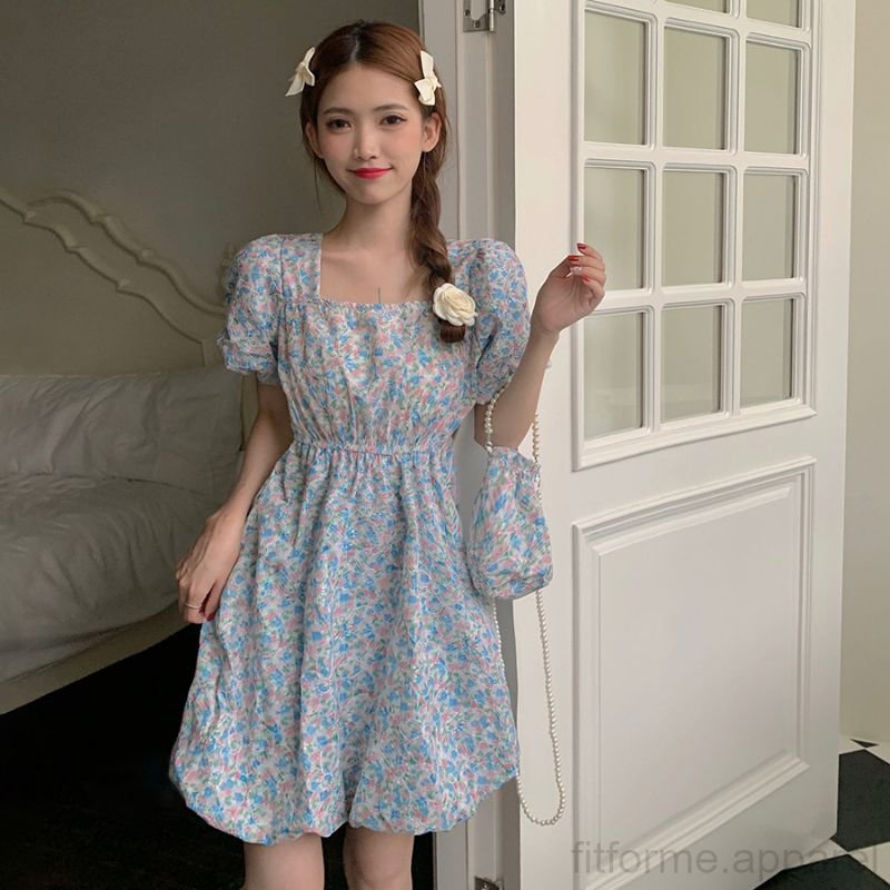 Korean Dress Women Floral Print Square Neck Woman Square Neck Floral ...