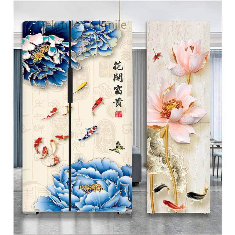 Custom Flower Two door Kitchen Refrigerators Adhesive Vinyl Lining For ...