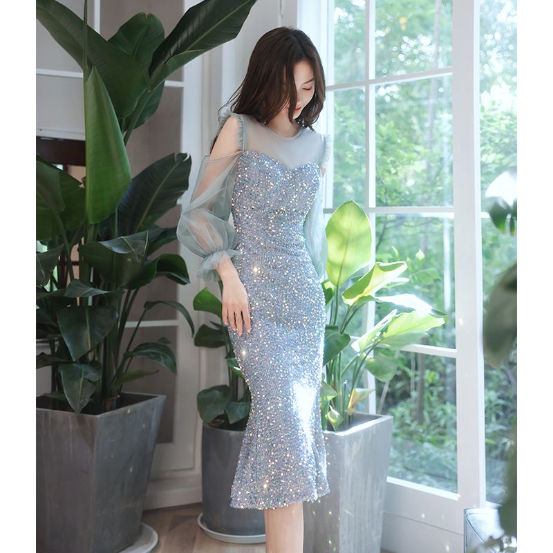 Korean Blue Sequin Fishtail Dress Prom Evening Cocktail Debut Dresses ...