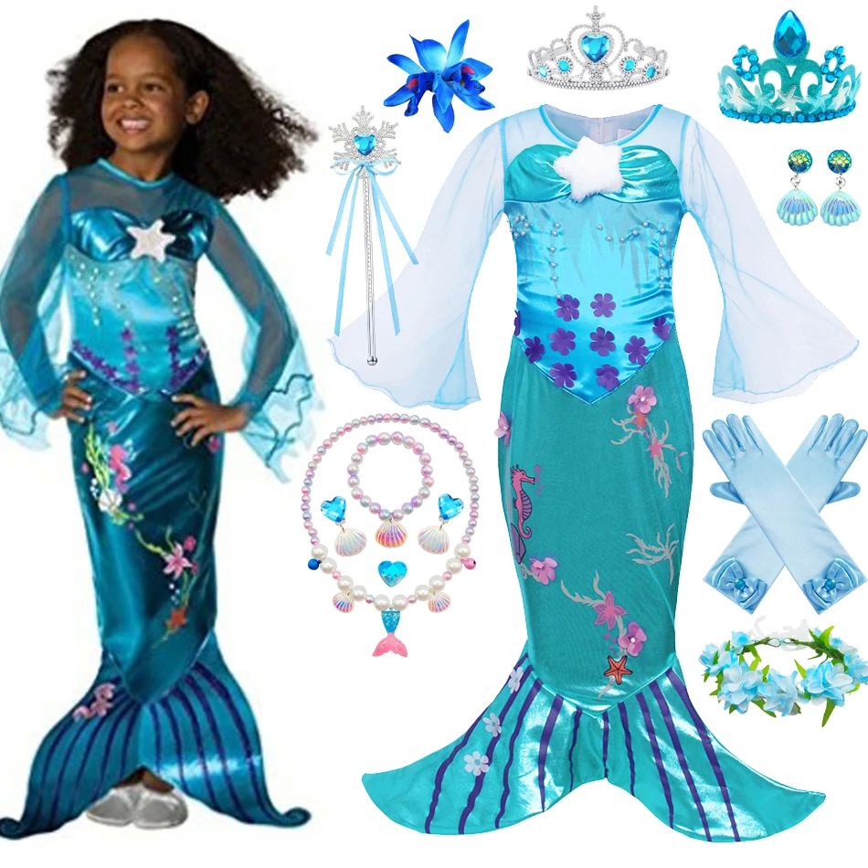 Disney Mermaid Ariel Princess Dress Kids Girl Cosplay Costume Children  Carnival Birthday Party Halloween Clothes Dress