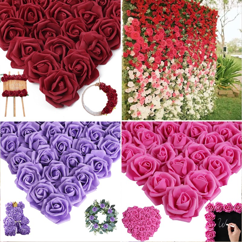 100pcs Artificial Rose Flower Heads 7cm,Stemless Fake Foam Roses for ...