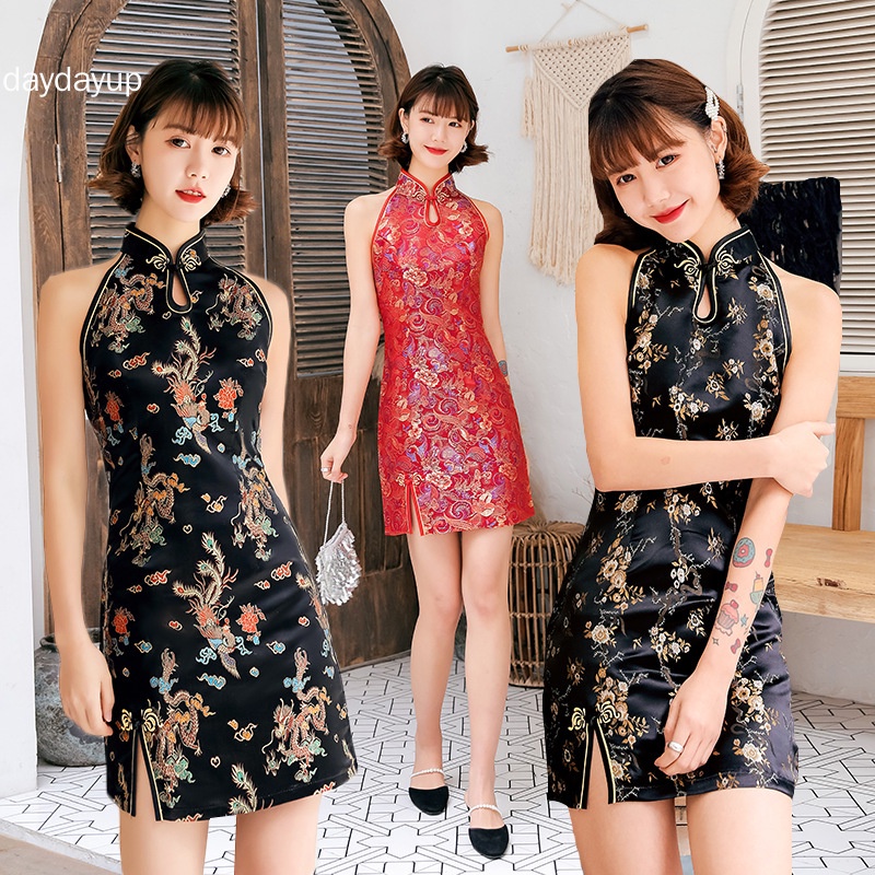 Improved Cheongsam Retro Loose Black Stand-Up Collar Buckle Dress Chinese  Qipao