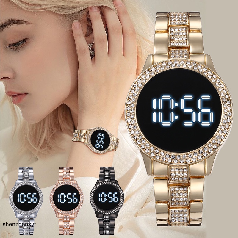 Diamond inlaid digital display electronic watch LED touch full diamond ...