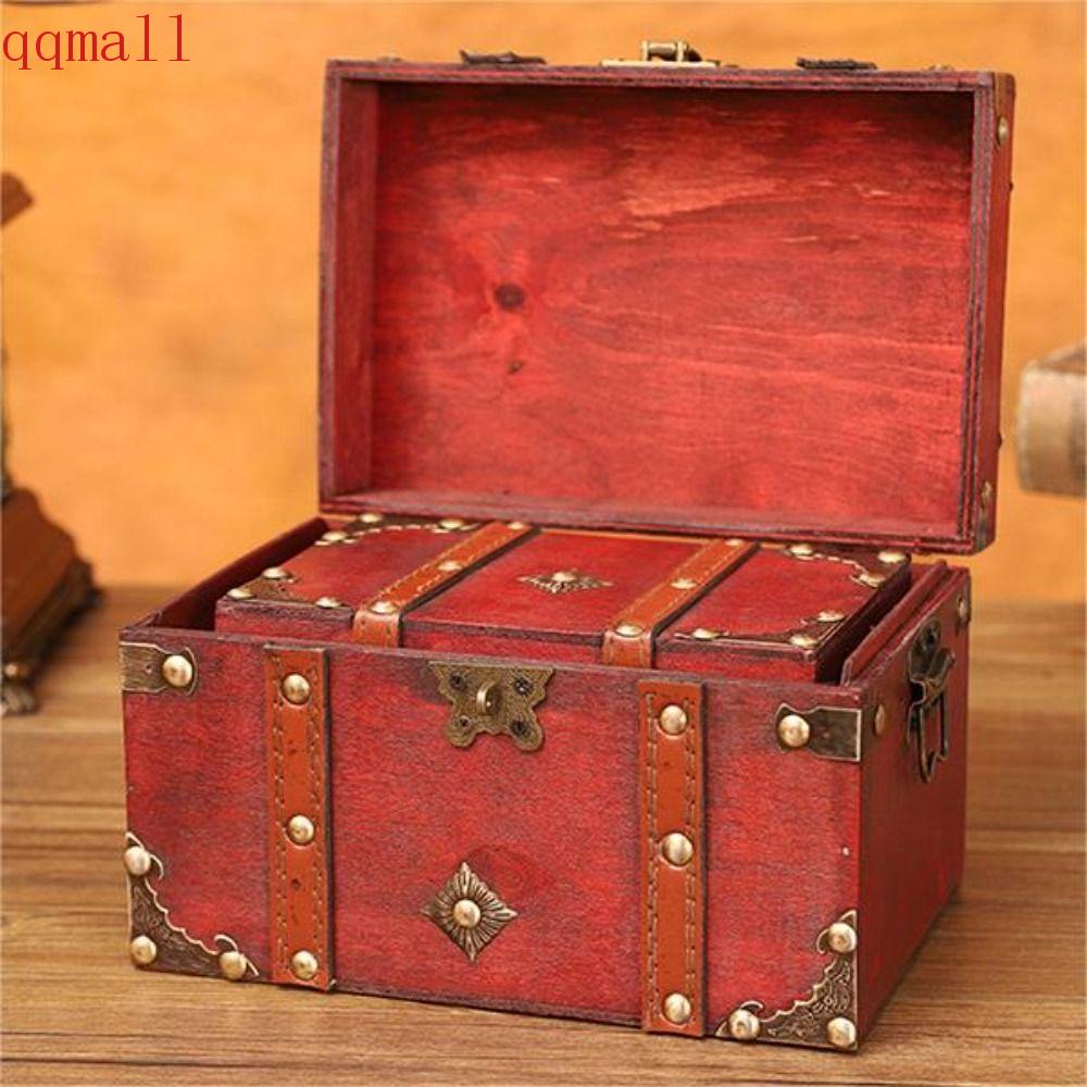 QQMALL Wooden Treasure Box, Antique Design Vintage Treasure Chest