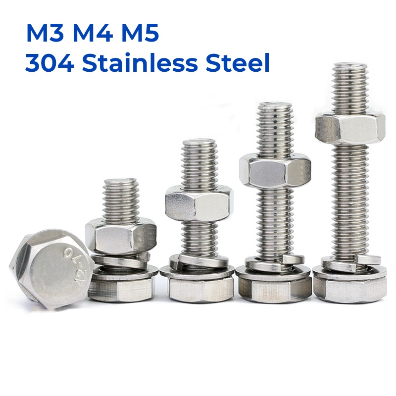M3 M4 M5 304 Stainless Steel Hex Head Screws Nuts Flat Washers Lock
