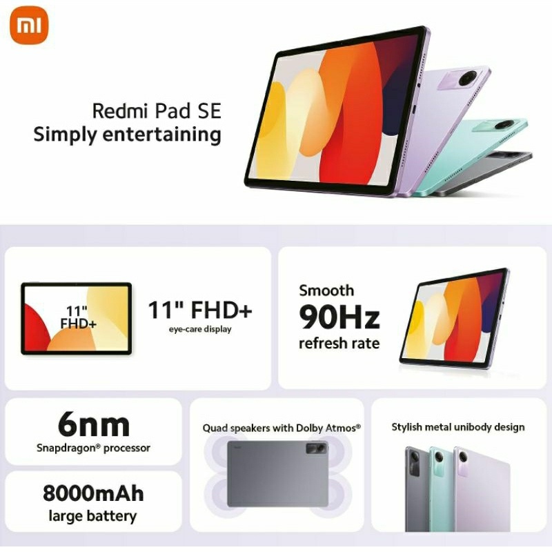 World Premiere】Global Version Xiaomi Redmi Pad SE Mi Tablet Snapdragon® 680  Quad speakers Dolby Atmos® 90Hz 11 Display 8000mAh
