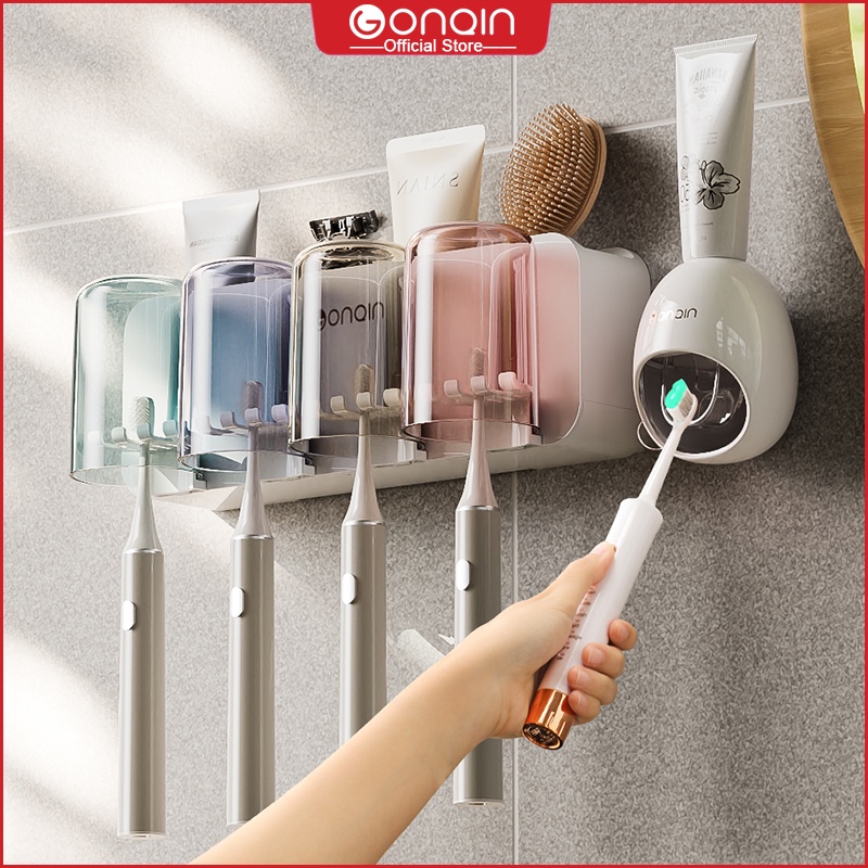 GONQIN Wall Mount Toothbrush Holder Automatic Toothpaste Squeezer ...