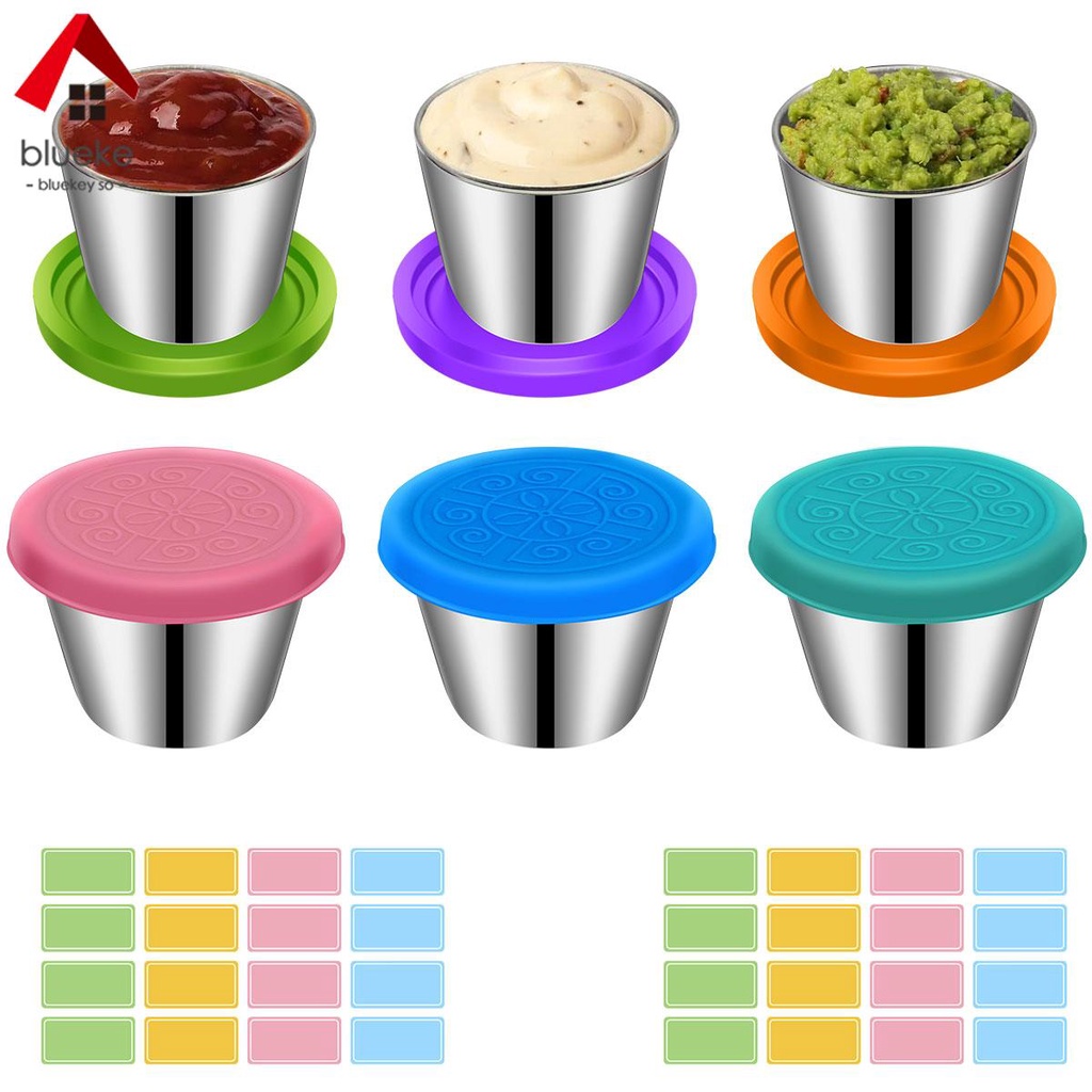 6Pcs Salad Dressing Container with Silicon Lids Labels 1.6oz Reusable Stainless Steel Condiment