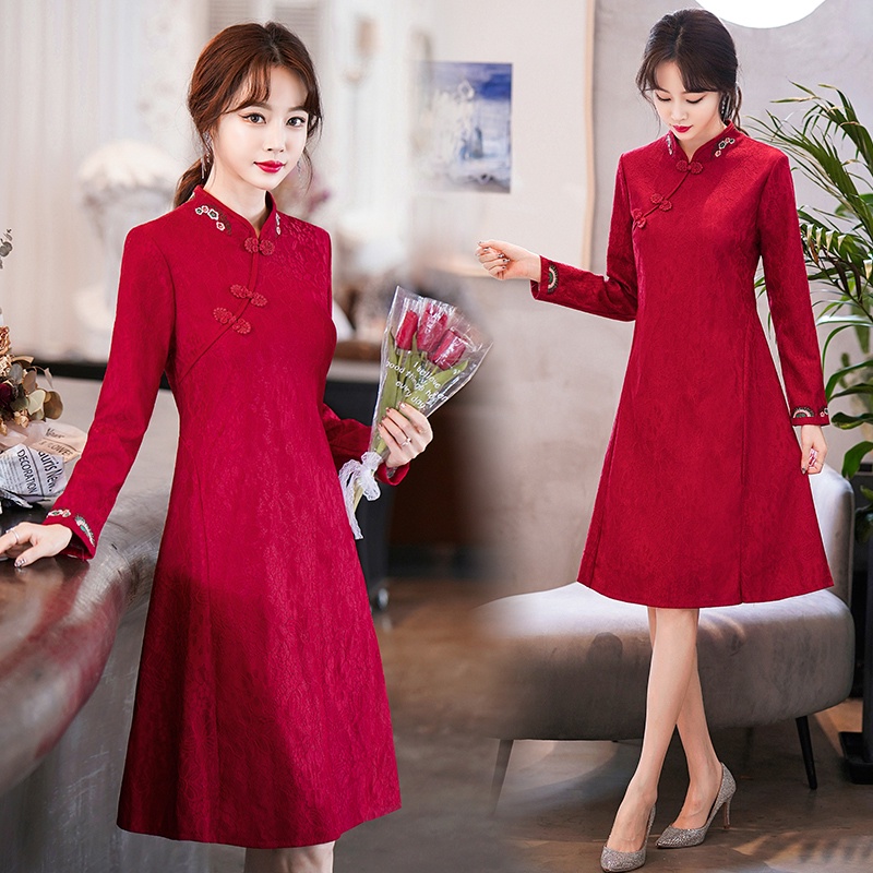 Chinese Style Improved Version Red Cheongsam Skirt Female Autumn Large ...