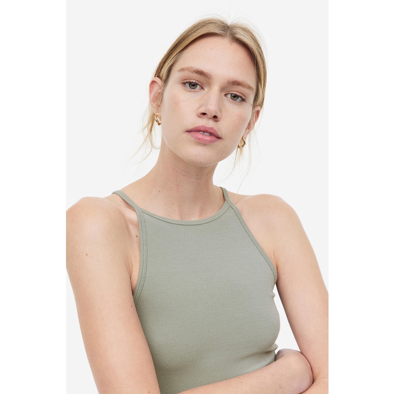 H&M Ribbed crop top Khaki green Dusty Light Shopee Singapore