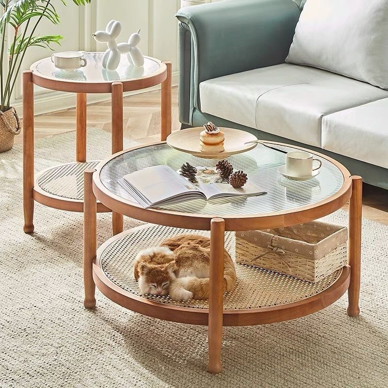 HY Nordic round Solid Wood Rattan Glass Tea Table Living Room Home